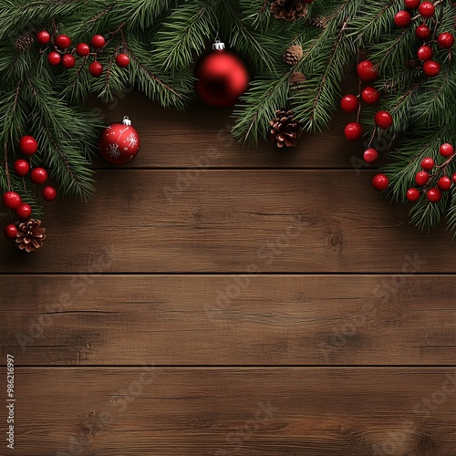 christmas background with christmas balls and fir branches with copy space on wooden floor