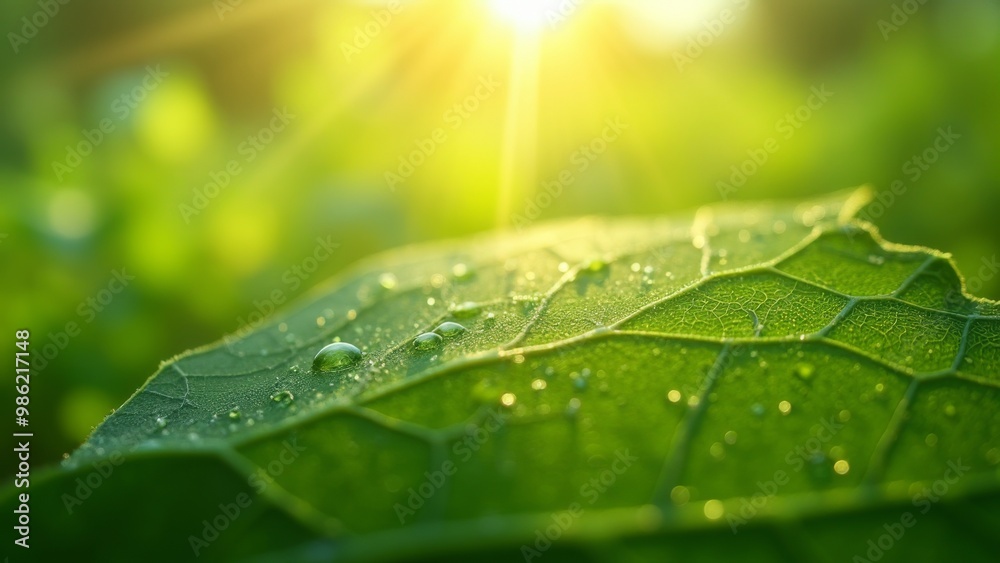 Obraz premium Generative AI, a close up of a green leaf with water drops on it's leaves and a bright background with a sun, green, a macro photograph, environmental art