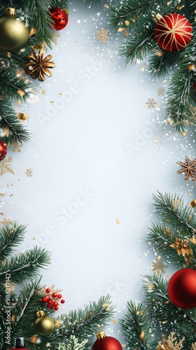 christmas frame with christmas ornaments and fir branches on white background top view vertical shot
