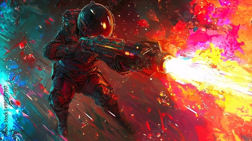 Sci-Fi Character with Energy Weapon in Cosmic Background