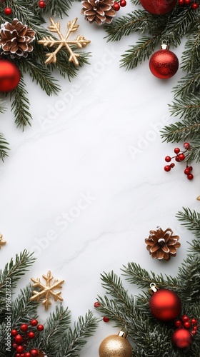 christmas frame with christmas ornaments and fir branches on white background top view vertical shot