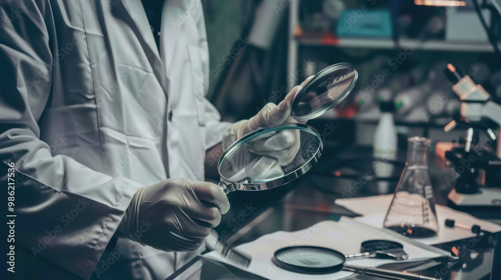 A scientist in lab coat examines samples with magnifying glass, showcasing focused and meticulous approach to research. environment is filled with scientific equipment, emphasizing importance of preci