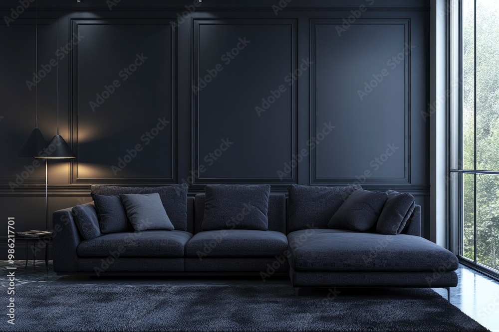Fototapeta premium Modern contemporary dark living room interior with comfort sofa with generative ai
