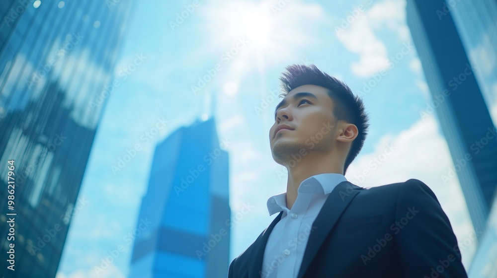 Asian businessman in a formal suit against the backdrop of skyscrapers Generative AI Asian businessman in a formal suit against the backdrop of skyscrapers Generative AI