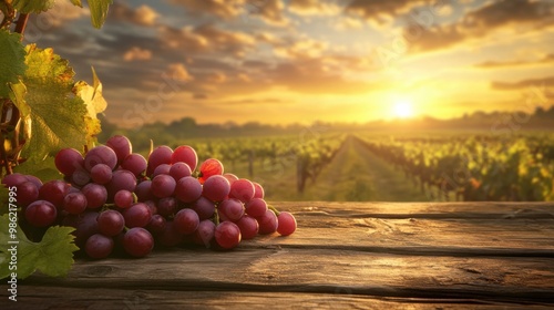 Grapes resting on a rustic wooden table, with a vineyard landscape and golden sunset behind