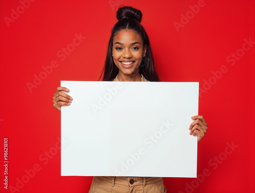 Joyful young black woman holding a blank white sign for text or advertising mock-up, isolated on solid red background