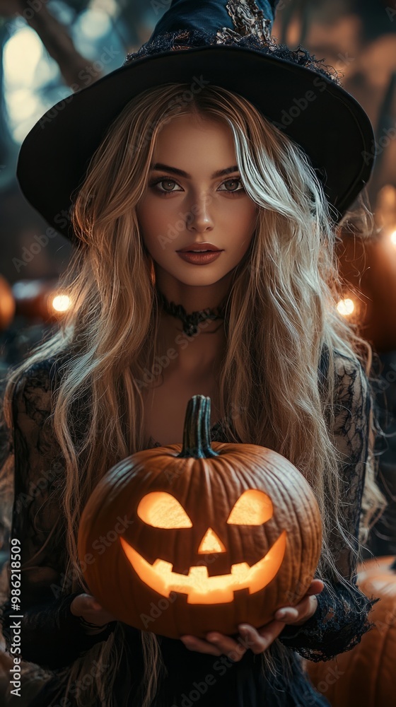 A striking Halloween portrait of a young woman dressed in a witch costume, holding a carved pumpkin with a menacing grin. The background showcases additional glowing pumpkins against a dark A striking Halloween portrait of a young woman dressed in a witch costume, holding a carved pumpkin with a menacing grin. The background showcases additional glowing pumpkins against a dark
