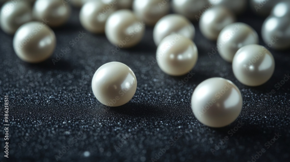 A minimalist close-up of pearls scattered on a smooth, black surface, their round shapes and shimmering tones standing out dramatically. A minimalist close-up of pearls scattered on a smooth, black surface, their round shapes and shimmering tones standing out dramatically.