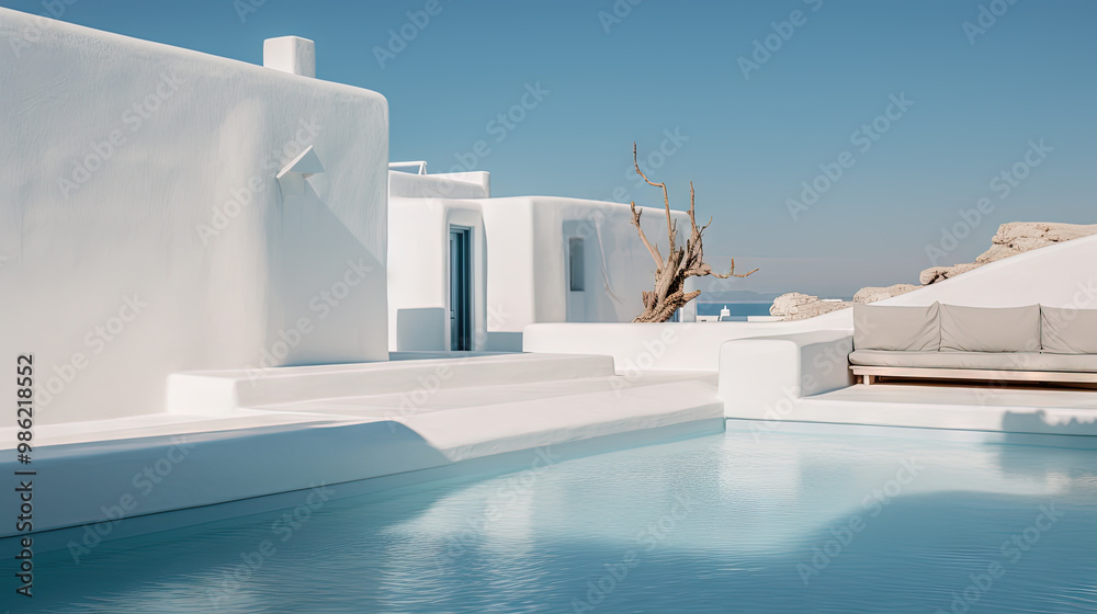 Obraz premium Hotel pool in the sunny day with blue water and white buildings. Resort architecture with swimming pool