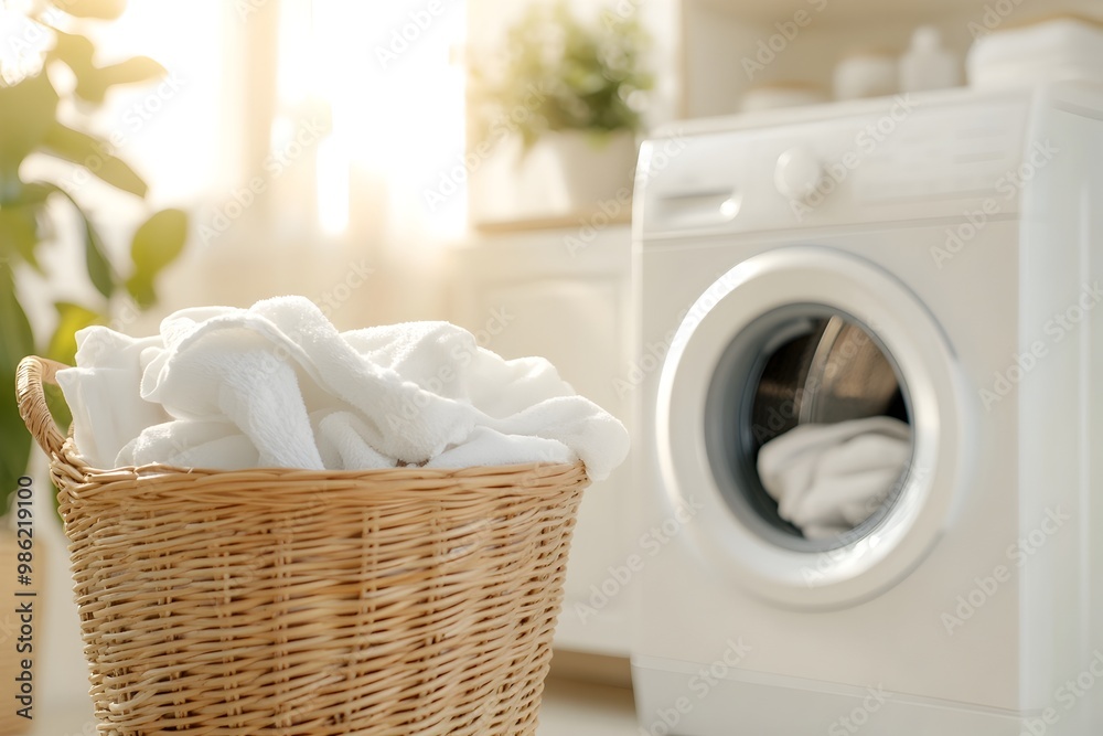 Clean White Laundry in Wicker Basket Next to Bright Washing Machine in Sunlit Room Clean White Laundry in Wicker Basket Next to Bright Washing Machine in Sunlit Room