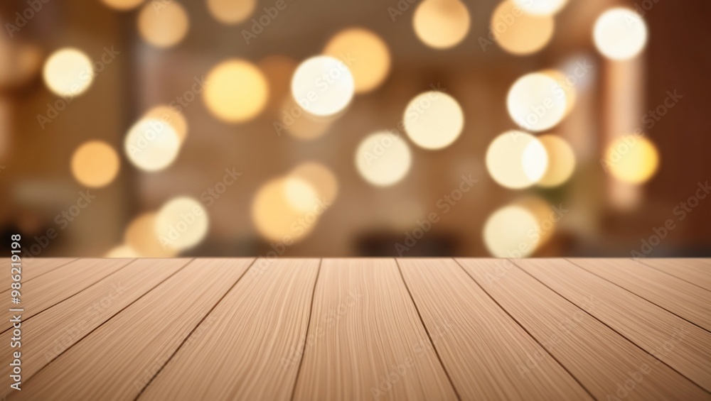 Styled blurred background of a smooth wooden surface with grain patterns, enhanced by soft bokeh lights in yellow and white for a warm, festive atmosphere, generative ai Styled blurred background of a smooth wooden surface with grain patterns, enhanced by soft bokeh lights in yellow and white for a warm, festive atmosphere, generative ai