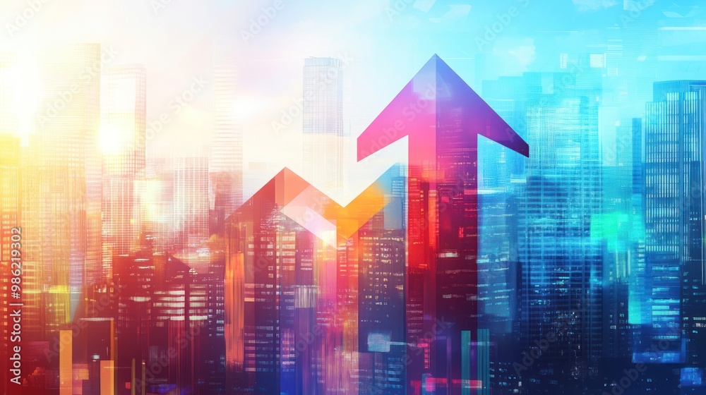 Cityscape with Double Red Arrows Pointing Upwards.