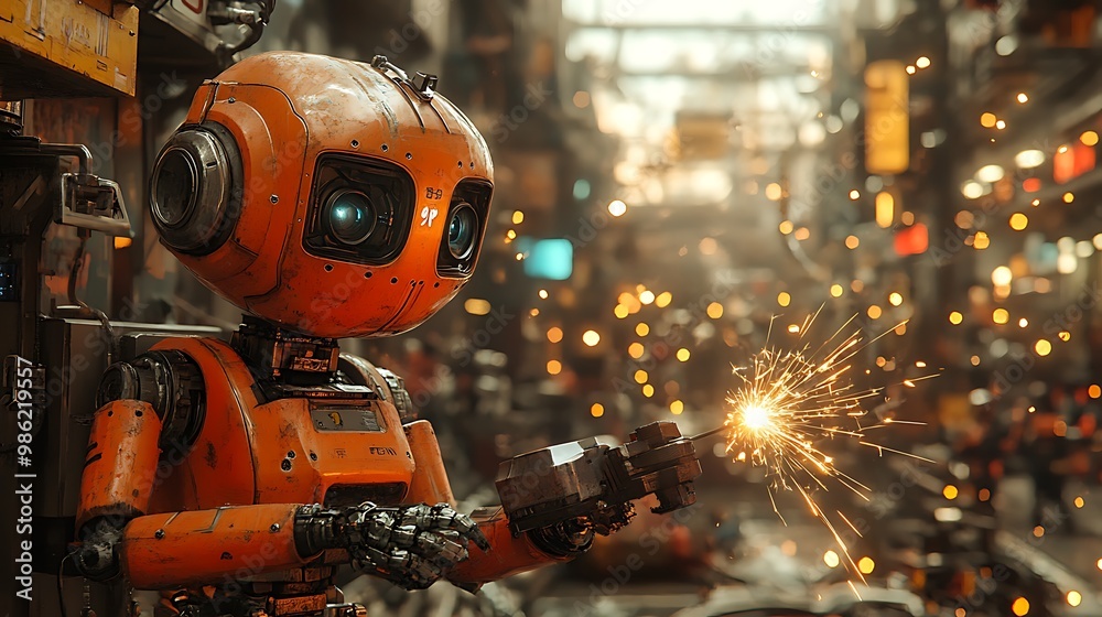 An orange robot with blue eyes stands in a city street, welding with sparks flying. An orange robot with blue eyes stands in a city street, welding with sparks flying.