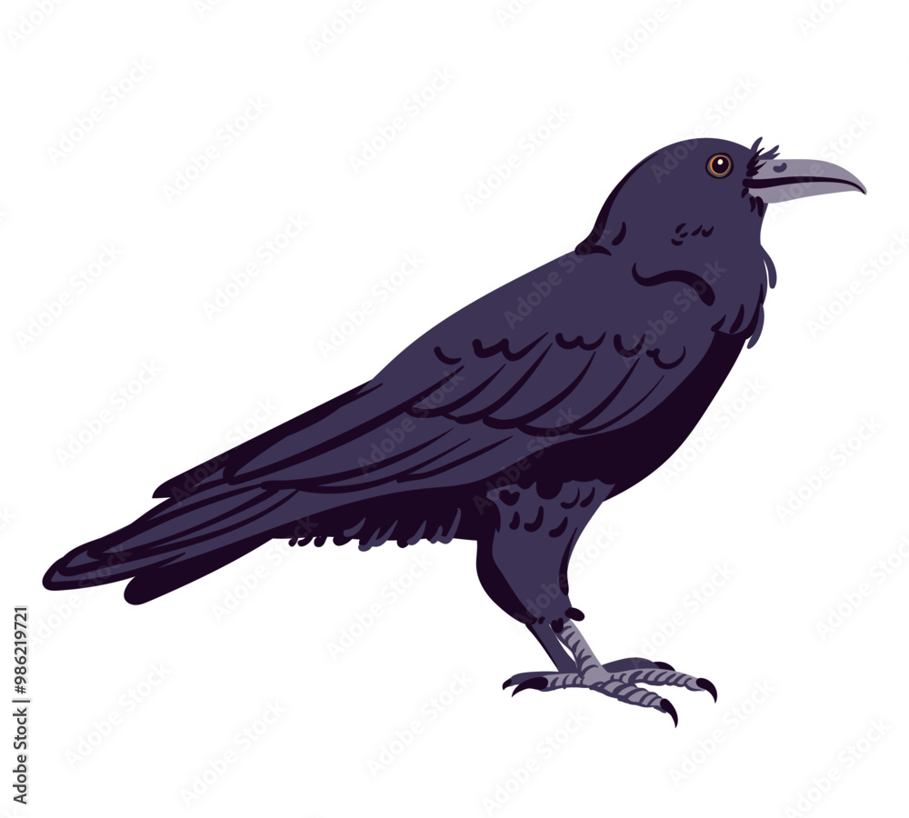 Obraz premium Black raven vector illustration. Cartoon style, flat design. Halloween, horror concept. Magic crow witch familiar, totem animal. Symbol of death and mysticism, guide to the afterlife.