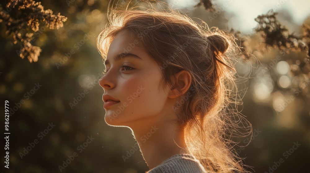A natural and unposed photo of a woman enjoying a moment outdoors, with sunlight illuminating her features and capturing her authentic beauty and relaxed demeanor. A natural and unposed photo of a woman enjoying a moment outdoors, with sunlight illuminating her features and capturing her authentic beauty and relaxed demeanor.