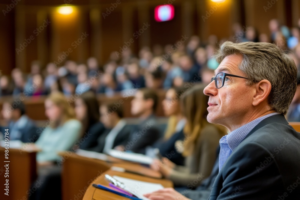 Fototapeta premium A professional attending a conference or lecture in a large auditorium, surrounded by focused participants. 