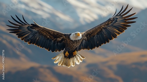 Bald eagle in flight with mountain background.