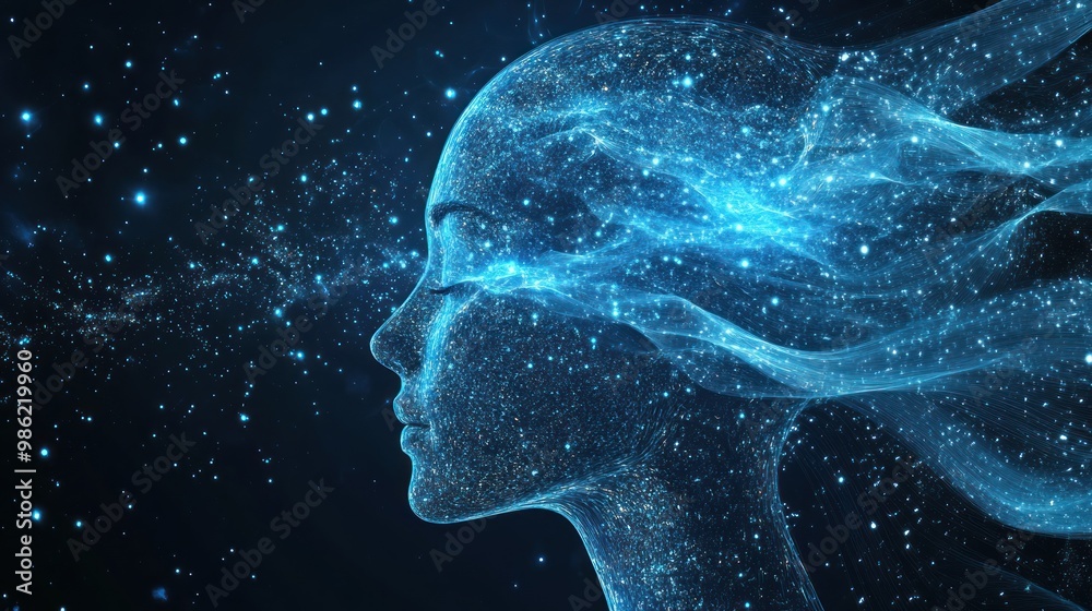 Abstract blue and white digital human head made of glowing particles. Abstract blue and white digital human head made of glowing particles.