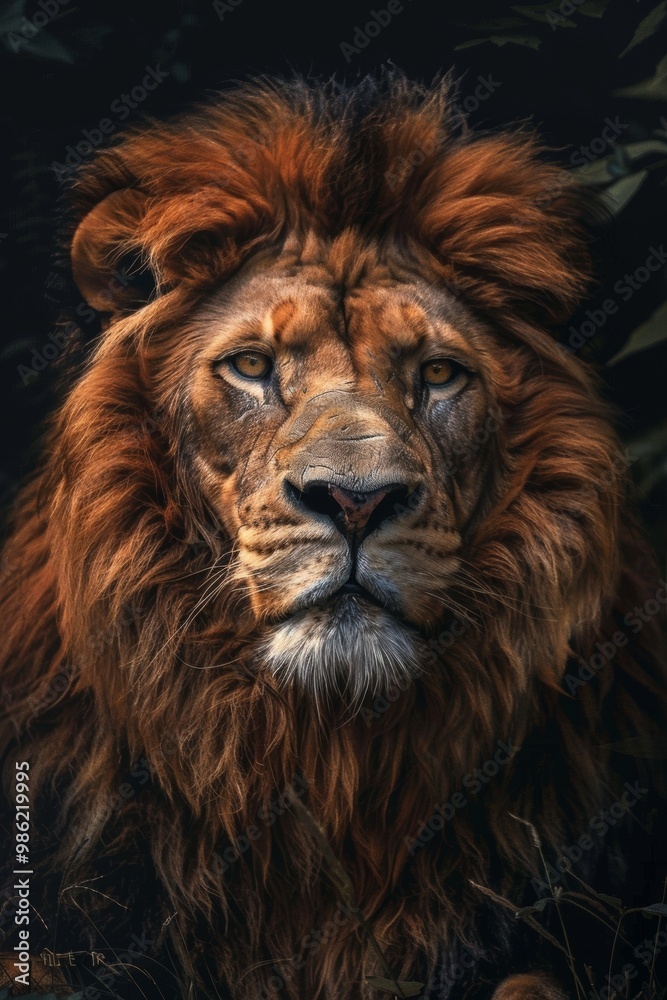 Majestic and Powerful Lion with Piercing Gaze in Dramatic Lighting Majestic and Powerful Lion with Piercing Gaze in Dramatic Lighting