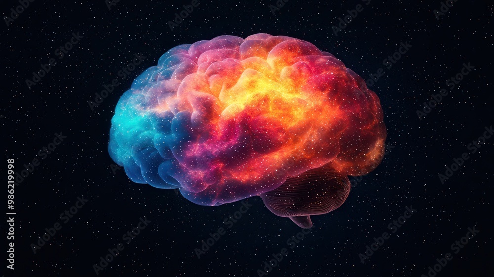 Fototapeta premium A vibrant, cosmic brain illustration, blending colors and stars, symbolizing creativity, knowledge, and the vastness of human thought.