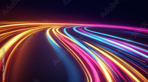 Abstract colorful neon light streaks in a dark background.