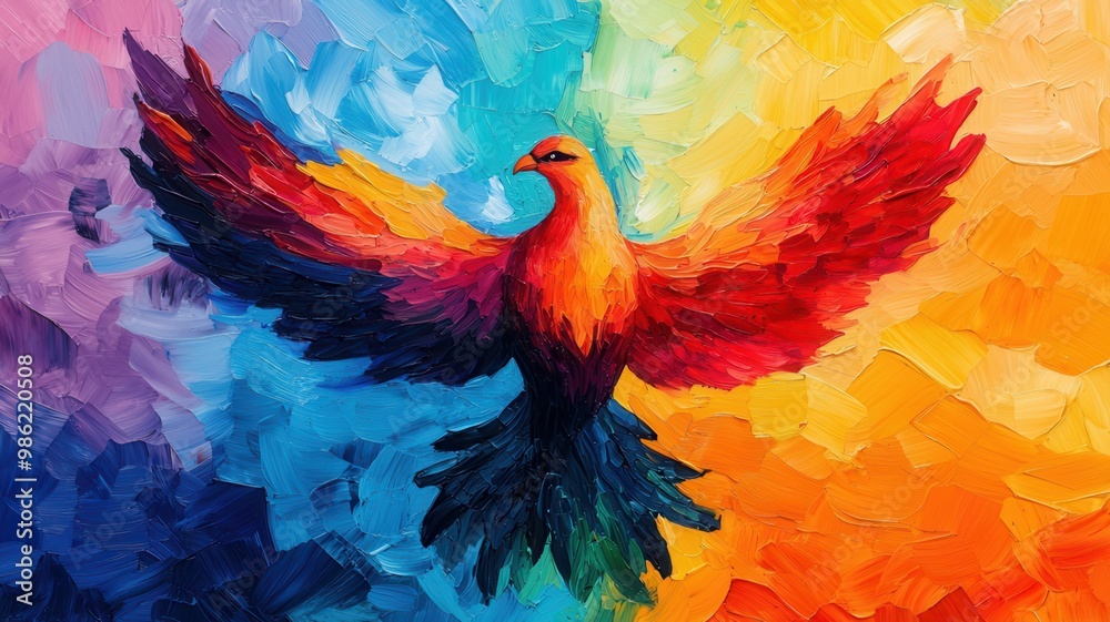 Obraz premium A vibrant, colorful painting of a phoenix soaring through a bright, abstract background, symbolizing rebirth and transformation.