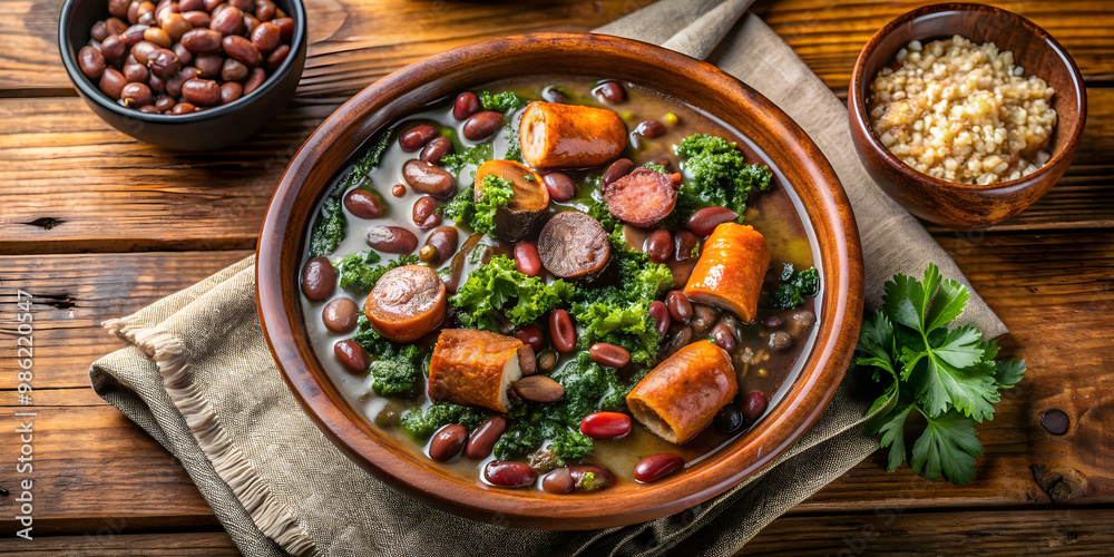 Top view of a flavorful Feijoada dish, a typical Brazilian food with beans, pork, sausage, and collard greens, Feijoada, Brazilian Top view of a flavorful Feijoada dish, a typical Brazilian food with beans, pork, sausage, and collard greens, Feijoada, Brazilian