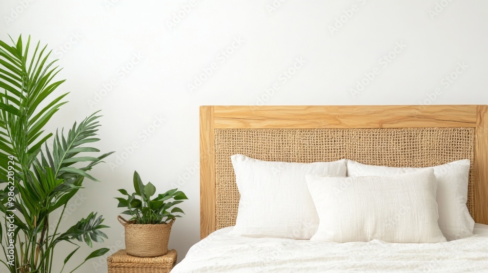 A cozy bedroom featuring a wooden headboard, white bedding, and lush greenery in stylish pots, creating a serene atmosphere. A cozy bedroom featuring a wooden headboard, white bedding, and lush greenery in stylish pots, creating a serene atmosphere.