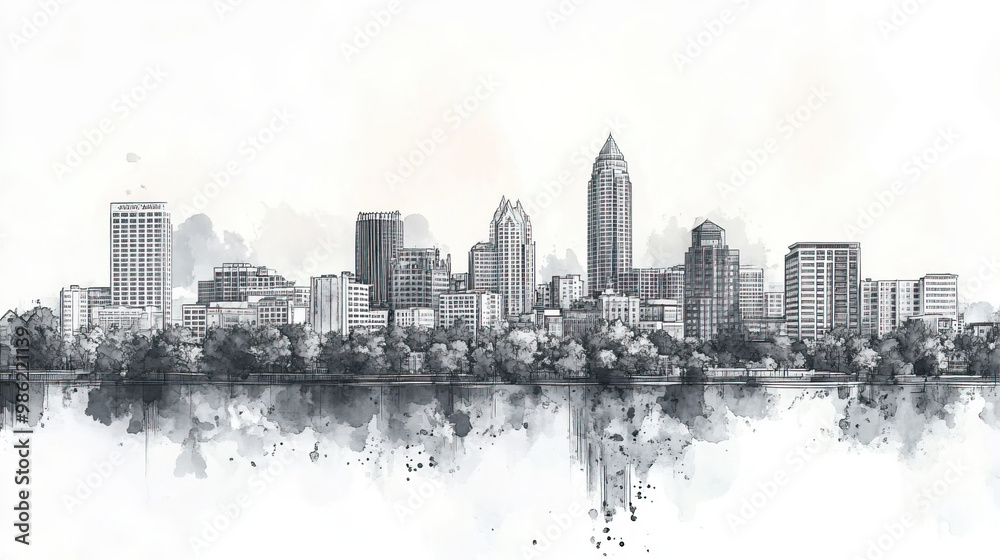 Obraz premium Greensboro, Carolina, black and white pen pencil hand-drawn effect drawing illustration for travel poster, card, wallpaper, backdrop or banner. Modern, clear, artistic and simple