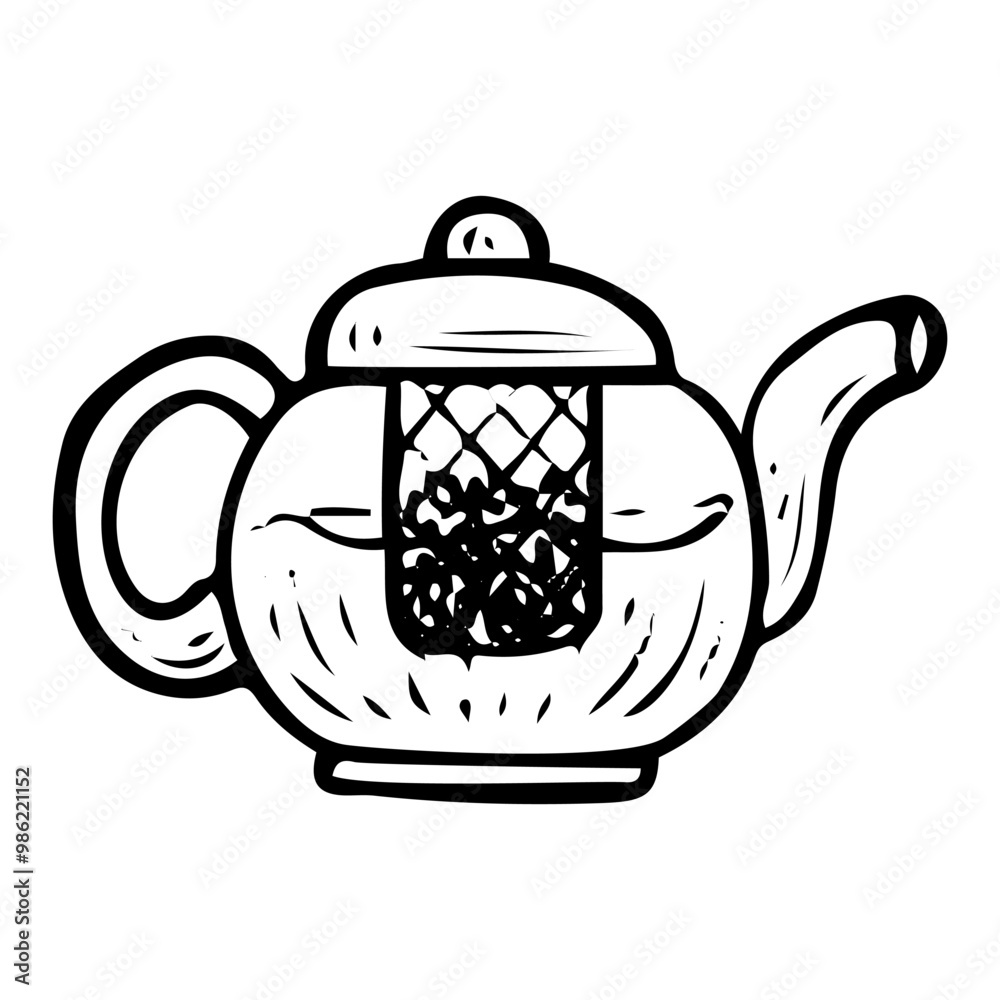 Obraz premium Glass teapot hand drawn doodle. Kitchen appliance for brewing hot drinks. Kitchenware. Cup watering can with handle and strainer. Tableware. Vector sketch line art illustration.