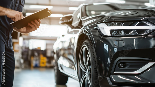 A man is writing on a clipboard next to a car