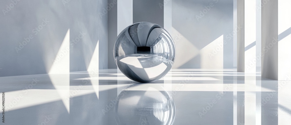 Fototapeta premium A silver ball is sitting on a white floor in a room with a lot of light