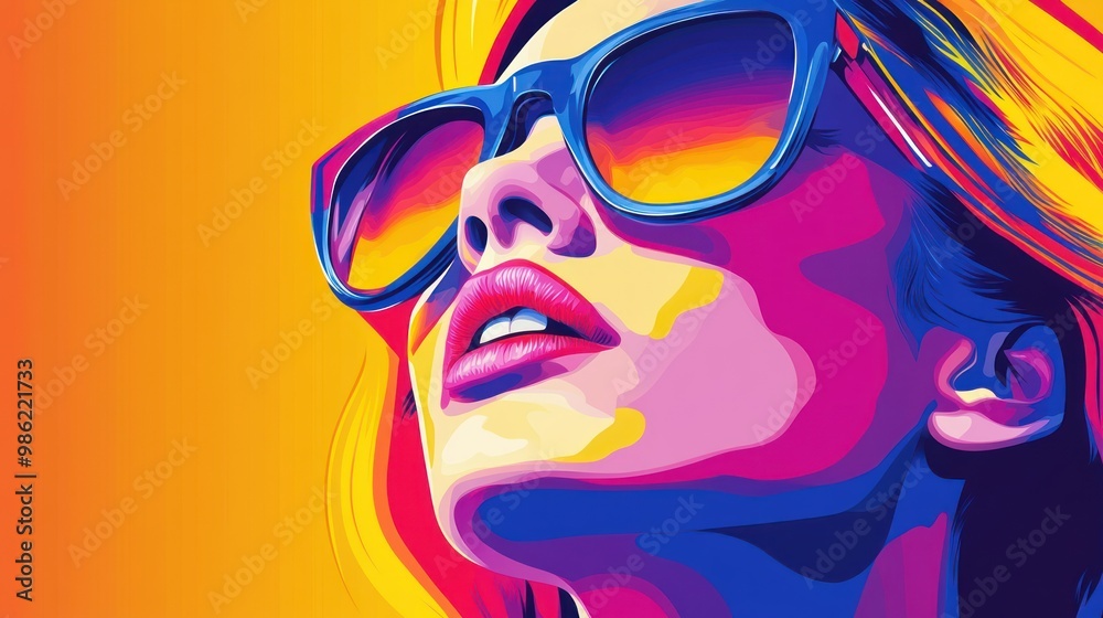 Close-up of a woman wearing sunglasses, illustrated in a bright and colorful style. Close-up of a woman wearing sunglasses, illustrated in a bright and colorful style.