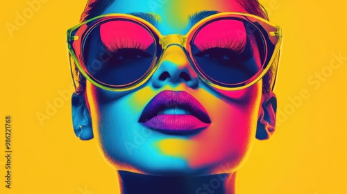 A woman wearing sunglasses with bright makeup on a colorful background.