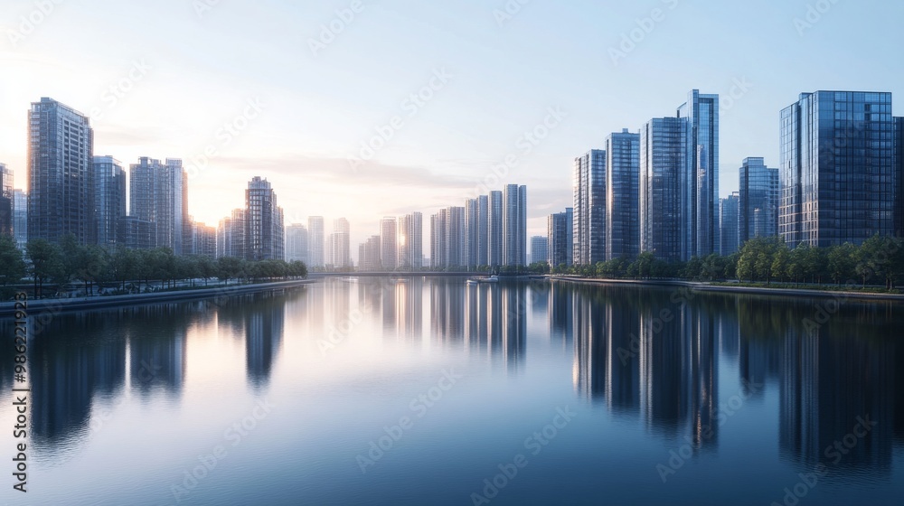 Naklejka premium A panoramic view of sleek high-rise buildings lining a river, with reflections on the water and a clear sky, capturing the modern cityscape and tranquil waterway.