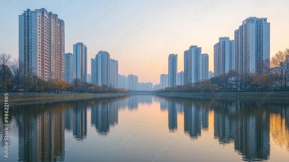 A panoramic view of sleek high-rise buildings lining a river, with reflections on the water and a clear sky, capturing the modern cityscape and tranquil waterway. A panoramic view of sleek high-rise buildings lining a river, with reflections on the water and a clear sky, capturing the modern cityscape and tranquil waterway.