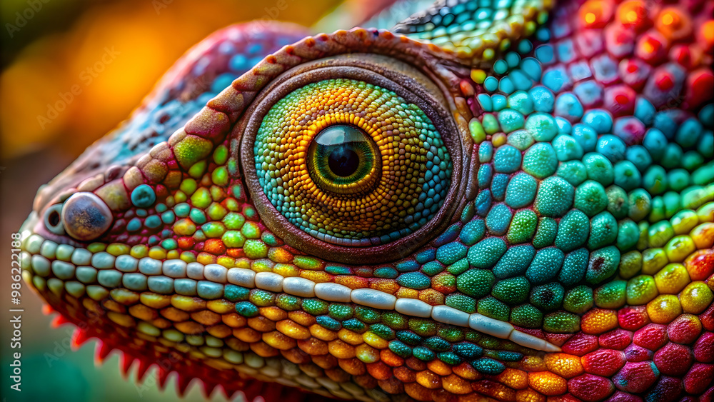 Obraz premium Stunning 8K close-up of a chameleon's skin with intricate details, chameleon, skin, scales, adaptation, surroundings