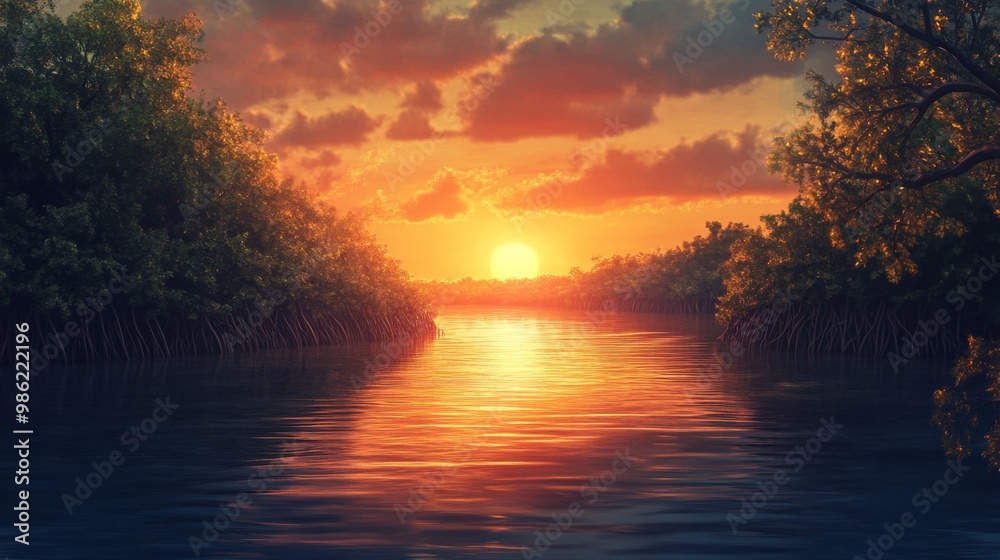 A peaceful sunset over a mangrove forest, with warm colors reflecting on the water and highlighting the natural beauty and calm of the coastal landscape. A peaceful sunset over a mangrove forest, with warm colors reflecting on the water and highlighting the natural beauty and calm of the coastal landscape.