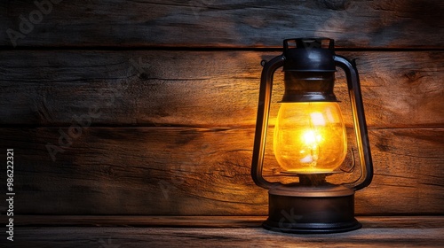 An old kerosene lamp with a lit bulb casts a warm glow on a rustic wooden background.