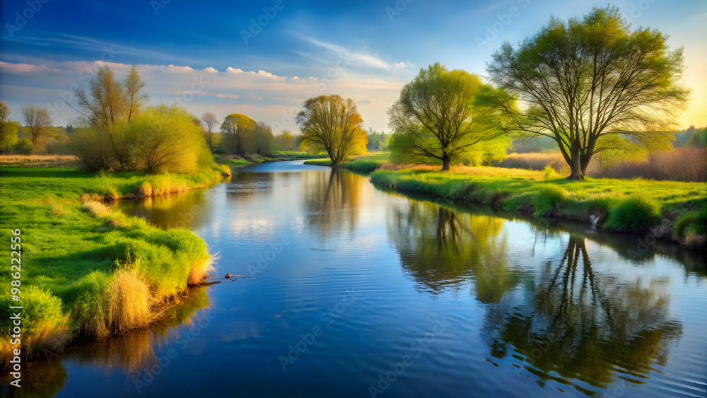 A peaceful river winding through a spring landscape , tranquil, calm, nature, water, flowing, serene, scenic, beauty A peaceful river winding through a spring landscape , tranquil, calm, nature, water, flowing, serene, scenic, beauty