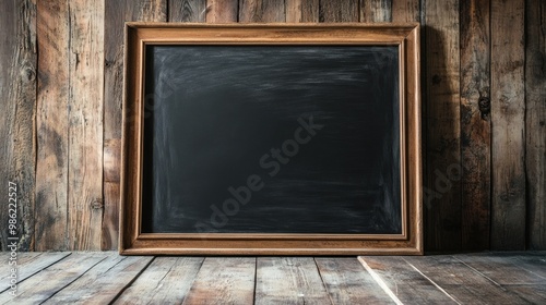 Blank blackboard in wooden frame on rustic wood background.