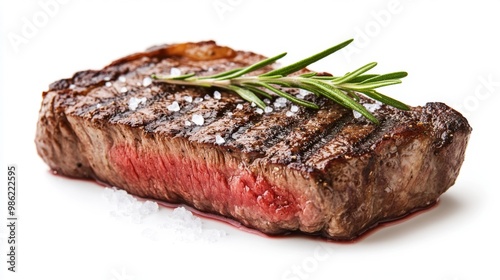 A perfectly cooked steak with a juicy, medium-rare center, garnished with a sprig of rosemary and a sprinkle of coarse salt, set against a clean white background.