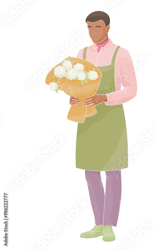 florist African American male character, man in apron with bouquet of peonies flowers