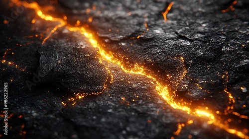 Close-up of molten lava flowing through a crack in the earth.