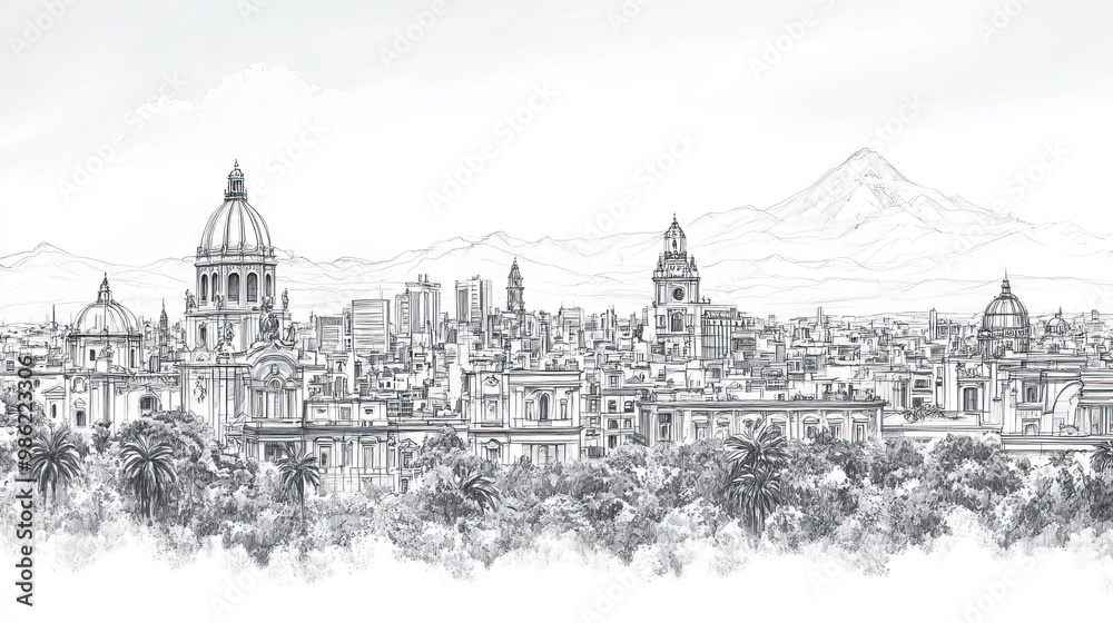 Naklejka premium Guatemala City, Guatemala, black and white pen pencil hand-drawn effect drawing illustration for travel poster, card, wallpaper, backdrop or banner. Modern, clear, artistic and simple