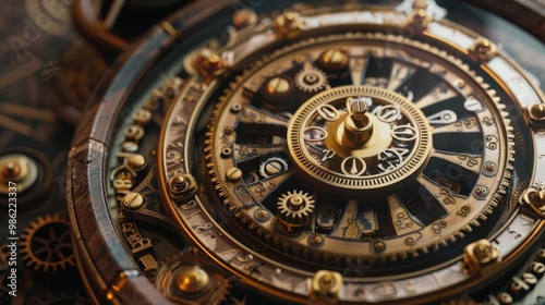 Steampunk Wheel of Fortune with brass gears, steam-powered mechanisms, and Victorian design elements, vintage brown tones