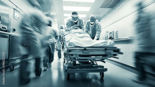 Emergency medical team rushing patient on stretcher in hospital, healthcare urgency, high-speed medical response concept