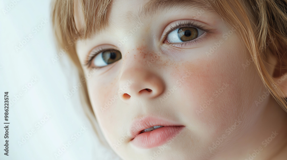 Closeup portrait of young girl, fair complexion, deep eyes, freckles on face, pink lips, candid expression, childhood innocence concept Closeup portrait of young girl, fair complexion, deep eyes, freckles on face, pink lips, candid expression, childhood innocence concept