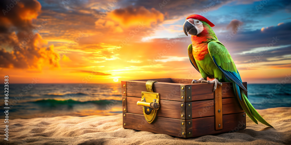 Obraz premium Pirate parrot sitting on a treasure chest, parrot, pirate, treasure, chest, bird, colorful, feathers, pirate ship, adventure, loot