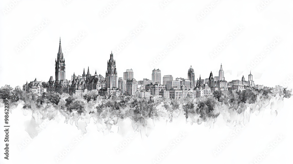 Obraz premium Guelph, Canada, black and white pen pencil hand-drawn effect drawing illustration for travel poster, card, wallpaper, backdrop or banner. Modern, clear, artistic and simple